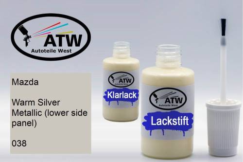 Mazda, Warm Silver Metallic (lower side panel), 038: 20ml Lackstift + 20ml Klarlack - Set, von ATW Autoteile West.